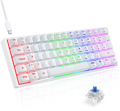 TECURS Gaming Tastatur, Mechanische Tastatur 60% TKL QWERTZ Blaue Schalter, Gamer Tastatur Kabelgebunden 61 Tasten für PC Windows/PS5/PS4, Weiß