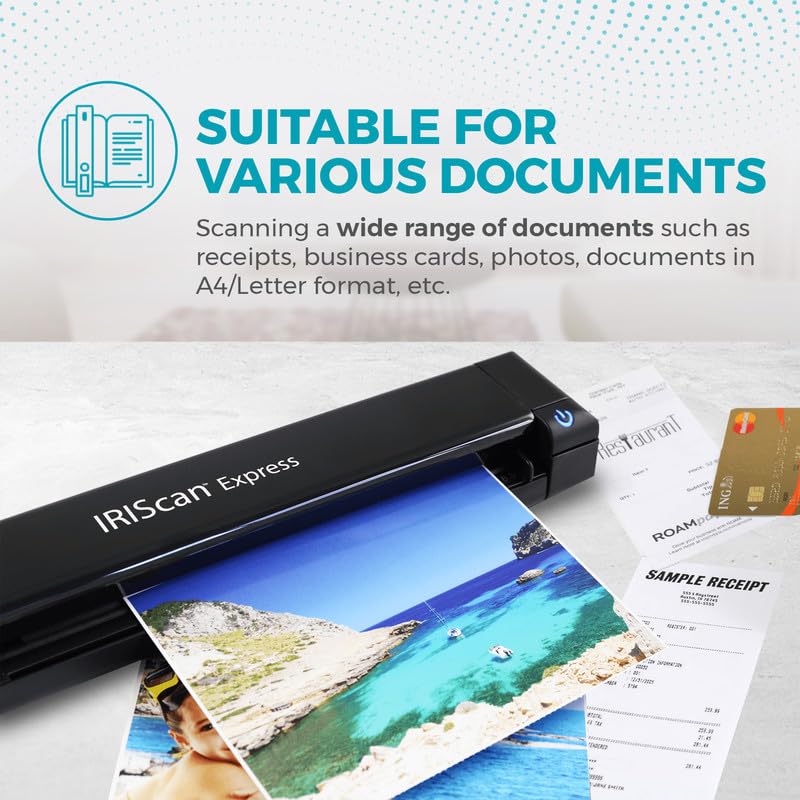 IRIScan Express Mobile Scanner-dokumentenscanner A4 8PPM -v4: PDF-Editor, Simplex, USB-betrieben, PDF-Scanner, Scan zu Word, PDF, XLS, Visitenkarten zu Outlook, Foto Scanner, Quittungsscanner Win