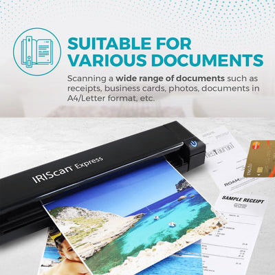 IRIScan Express Mobile Scanner-dokumentenscanner A4 8PPM -v4: PDF-Editor, Simplex, USB-betrieben, PDF-Scanner, Scan zu Word, PDF, XLS, Visitenkarten zu Outlook, Foto Scanner, Quittungsscanner Win