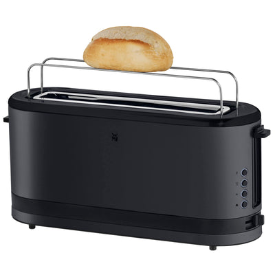 WMF Küchenminis Langschlitztoaster 2 Scheiben mit Brötchenaufsatz, Toaster schmal, XXL, Bagel-Funktion, 7 Bräunungsstufen, 900W, Toaster edelstahl matt, schwarz
