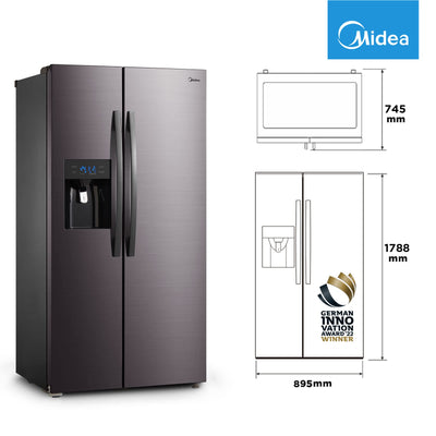 Midea KS-DDX 6.32 WT Side-by-Side Kühl-/Gefrierkombination/ 178,8 cm Höhe/ 254 kWh/Jahr/No Frost/Dual Inverter Compressor/mit 3in1 Wasser-/Eisspender und Wassertank, Dark Inox