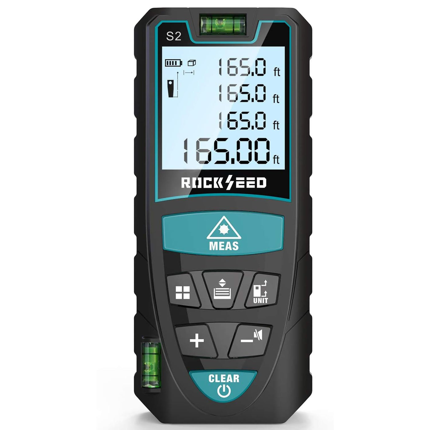 Laser-Entferungsmesser 100M,RockSeed Digitaler Lasermessgerät mit 2 Blasenebenen,Tragbarer Lasermessgerät M/In/Ft Einheit Hintergrundbeleuchtetes LCD zur Messung Entfernung/Fläche/Volumen/Pythagorean