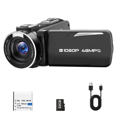 Videokamera 1080P, 48MP Camcorder 18X Digitalzoom Vlogging Camera für YouTube mit LED-Fülllicht, 3" 270° drehbarer Bildschirm Webcam Camcorder mit 32GB Karte & Akku