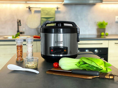Russell Hobbs Reiskocher [Testsieger] 1,2l inkl. Dampfgarer -Einsatz mit Aroma-Klappdeckel (Warmhaltefunktion, antihaftbeschichteter Gartopf, Reislöffel & Messbecher, Edelstahl) 27080-56