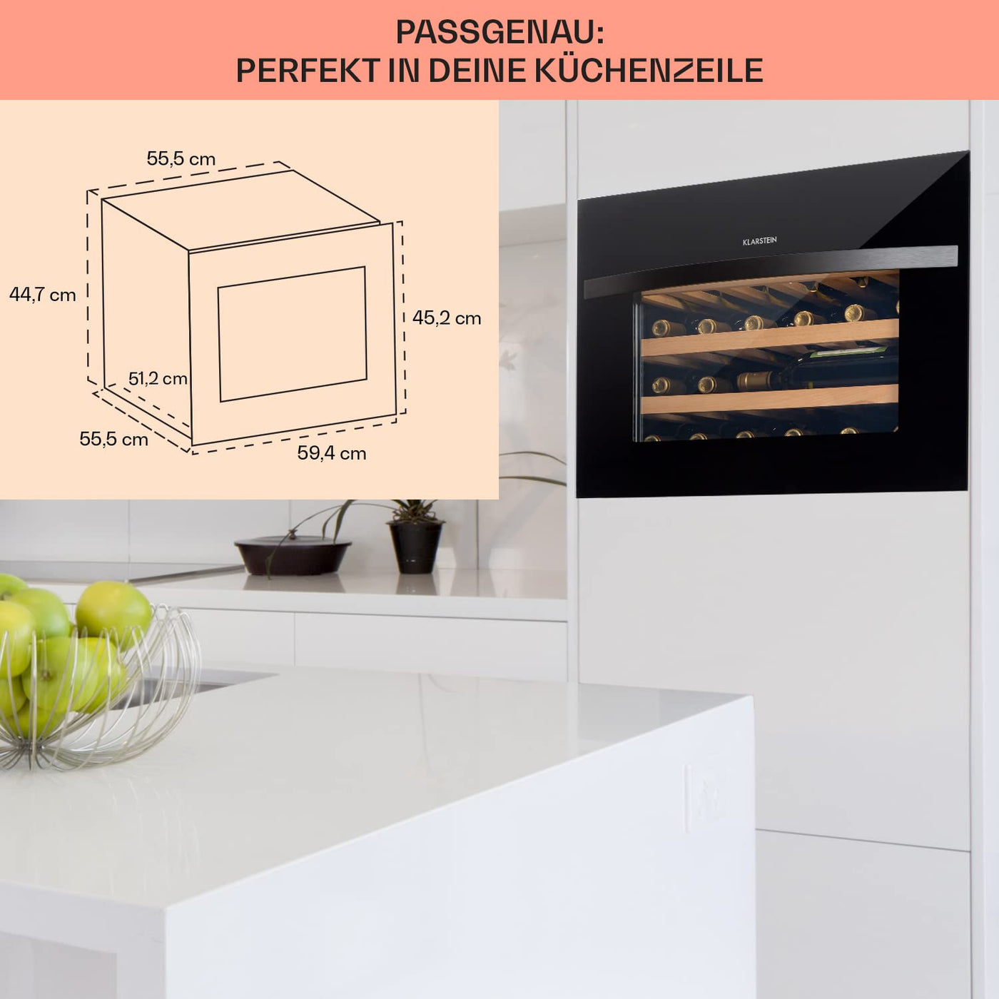 Klarstein Einbau-Weinkühlschrank, 1 Zonen Getränkekühlschrank Klein, Kleiner Weinschrank 51L, Wein-Kühlschrank Klein mit Glastür, Indoor/Outdoor Flaschenkühlschrank, Wine Fridge 24 Flaschen