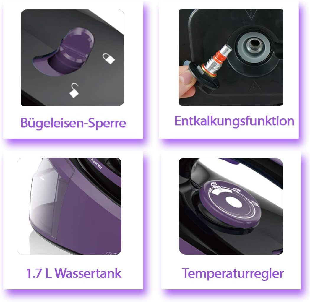 Tristan Auron Superfast Dampfbügelstation - 6.5 bar Dampfdruck I 2800 W, variabler Dampf, 420g/Min. Dampfstoß I 1,7L Wassertank – Abschaltautomatik (Superfast - Lila)