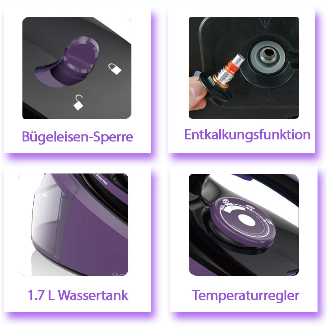 Tristan Auron Superfast Dampfbügelstation - 6.5 bar Dampfdruck I 2800 W, variabler Dampf, 420g/Min. Dampfstoß I 1,7L Wassertank – Abschaltautomatik (Superfast - Lila)