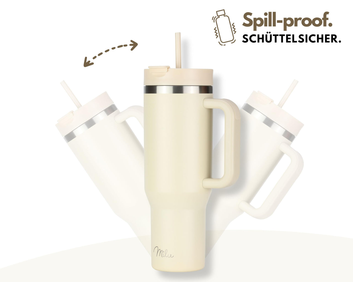 Milu Thermobecher 1200ml mit Strohhalm und Henkel – 48h Eis/24h kalt/12h heiß Edelstahl Tumbler 40oz mit Griff - Isolierbecher to go - Isolierflasche Trinkflasche doppelwandig isoliert (Beige, 1,2L)
