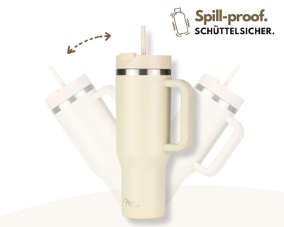 Milu Thermobecher 1200ml mit Strohhalm und Henkel – 48h Eis/24h kalt/12h heiß Edelstahl Tumbler 40oz mit Griff - Isolierbecher to go - Isolierflasche Trinkflasche doppelwandig isoliert (Beige, 1,2L)