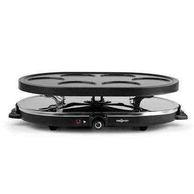 oneConcept Woklette - Raclette Grill, Tischgrill, Partygrill, Leistung: 1200 Watt, stufenlos regulierbare Temperatur, inkl. 8 Pfännchen und Holzspatel, Antihaftbeschichtung, schwarz