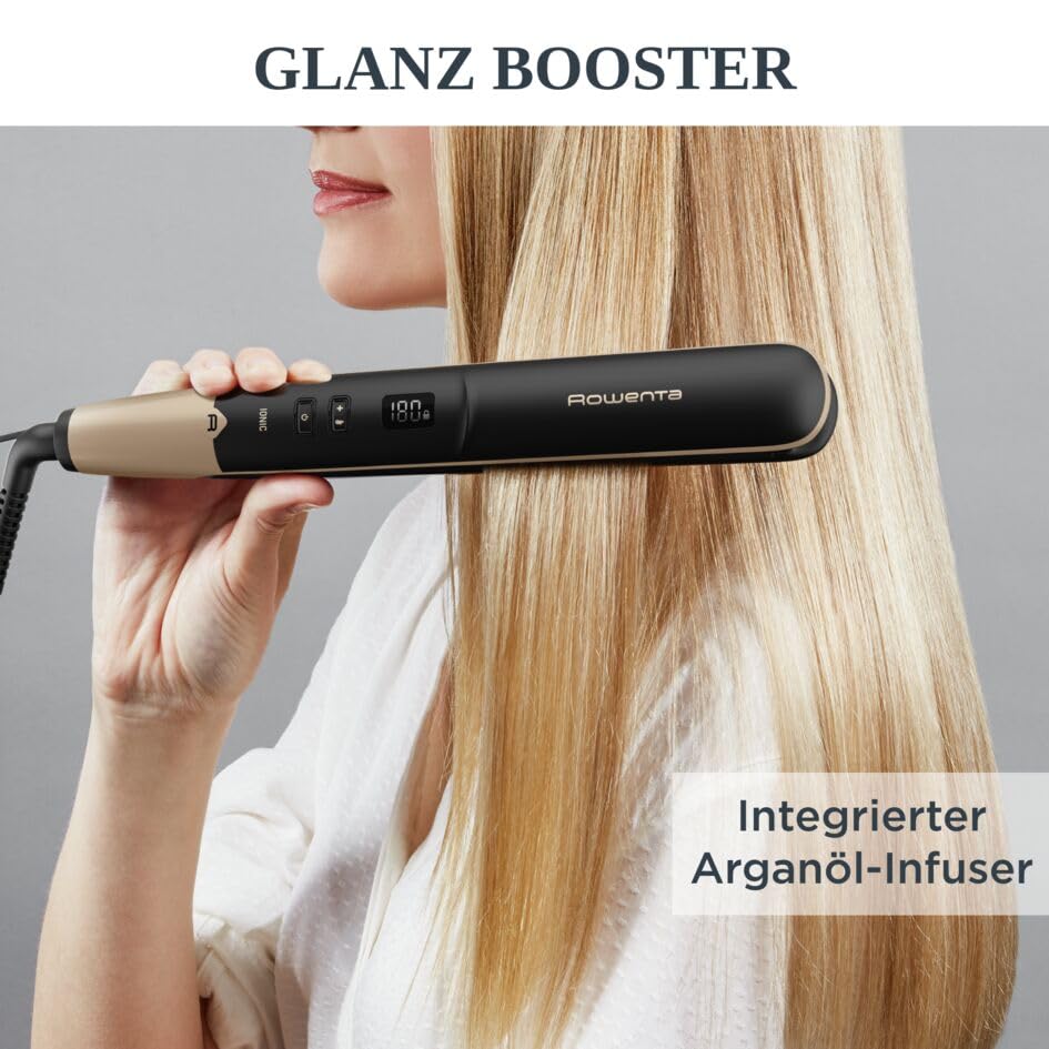 Rowenta SF4630 Express Shine Haarglätter | Arganöl-Infusor | Keramikplatten | Ionen-Effekt | 8 Temperatureinstellungen | 2-in-1-Wickeln und Glätten | gesundes Haar | Schwarz/Gold