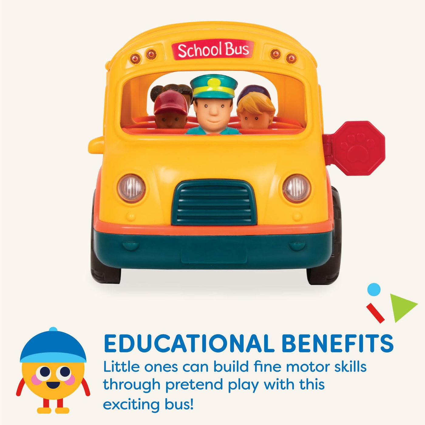 Battat – Licht & Geräusche Schulbus – Gelber leuchtender Schulbus – 5 Spielzeugfiguren – Realistische Geräusche – Klappbares Stoppschild – 18 Monate +