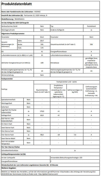 Hisense RB440N4ACA Kühl-Gefrier-Kombination/Höhe 201 cm/Kühlen 178 L/Gefrieren 98 L/LED Beleuchtung, Edelstahl