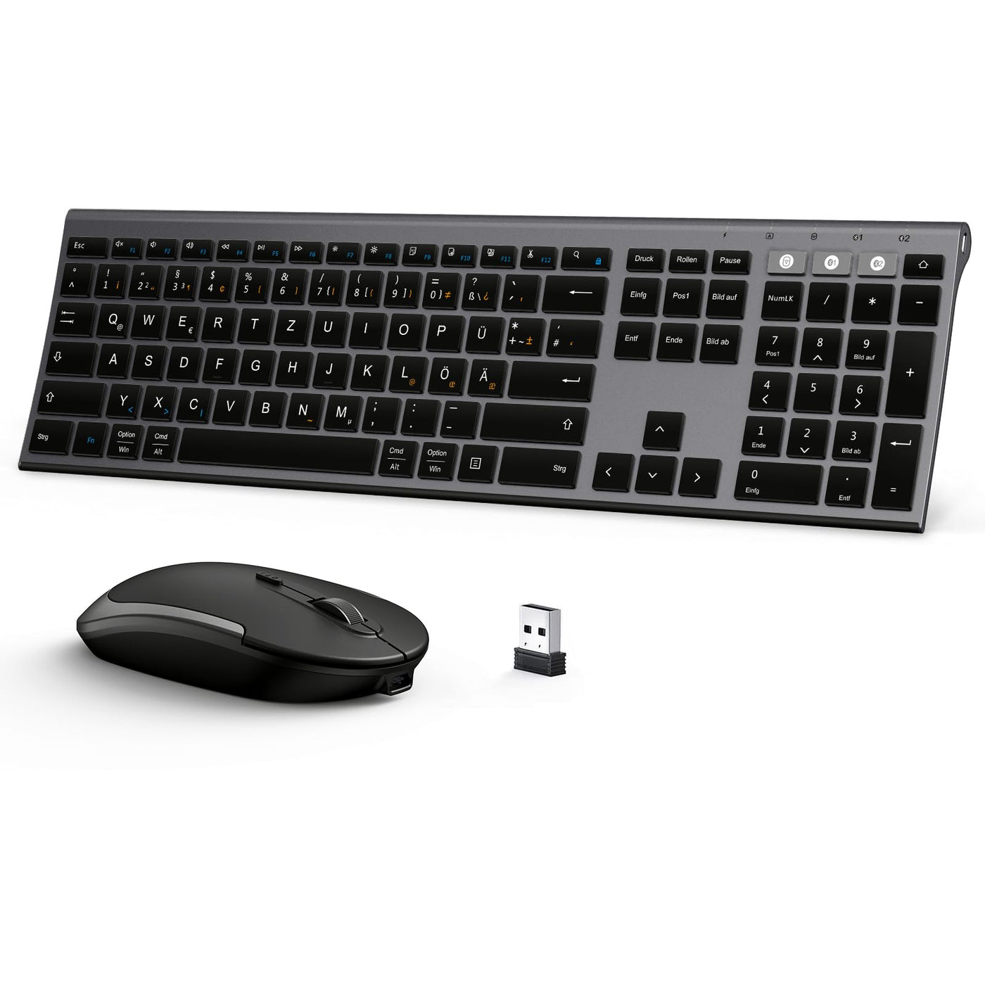 seenda Bluetooth Tastatur mit Maus Kabellos, Dual Bluetooth & 2.4G USB-Stick Tastatur Maus Set Kabellos, Wiederaufladbare Funktastatur Maus mit DE Layout für Mac/Windows/Android - Schwarz&Grau