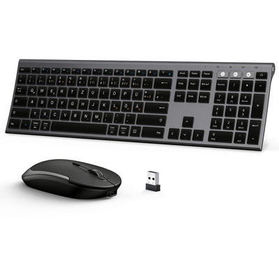 seenda Bluetooth Tastatur mit Maus Kabellos, Dual Bluetooth & 2.4G USB-Stick Tastatur Maus Set Kabellos, Wiederaufladbare Funktastatur Maus mit DE Layout für Mac/Windows/Android - Schwarz&Grau