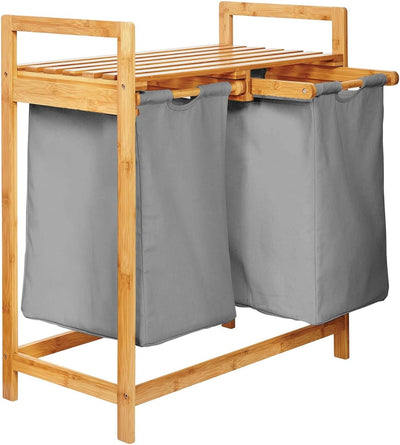 Lumaland Wäschekorb Bambus mit 2 ausziehbaren Wäschesäcken | Pflegeleichtes Material, unempfindlich gegen Nässe und leicht abwischbar | Höhe ca. 73cm x 64cm Breite x 33cm Tiefe [Dunkelgrau]