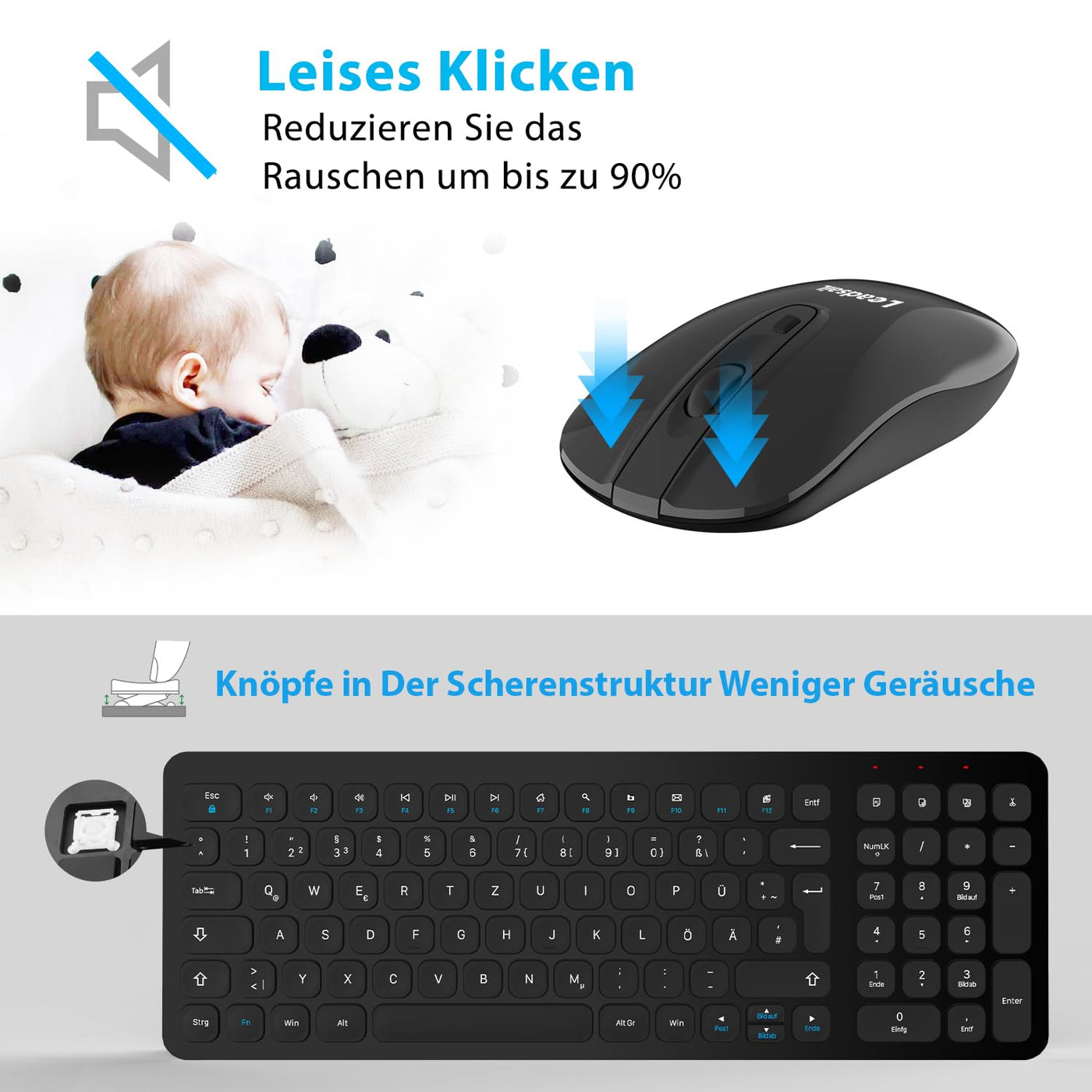 Kabellose Tastatur und Maus, LeadsaiL Tastatur Maus Set Kabellos, Flüsterleiser Tastenanschlag, 2.4 GHz QWERTZ Deutsches Layout mit 2-in-1 USB Nano Empfänger, für PC, Desktop, Laptop, Windows, Mac