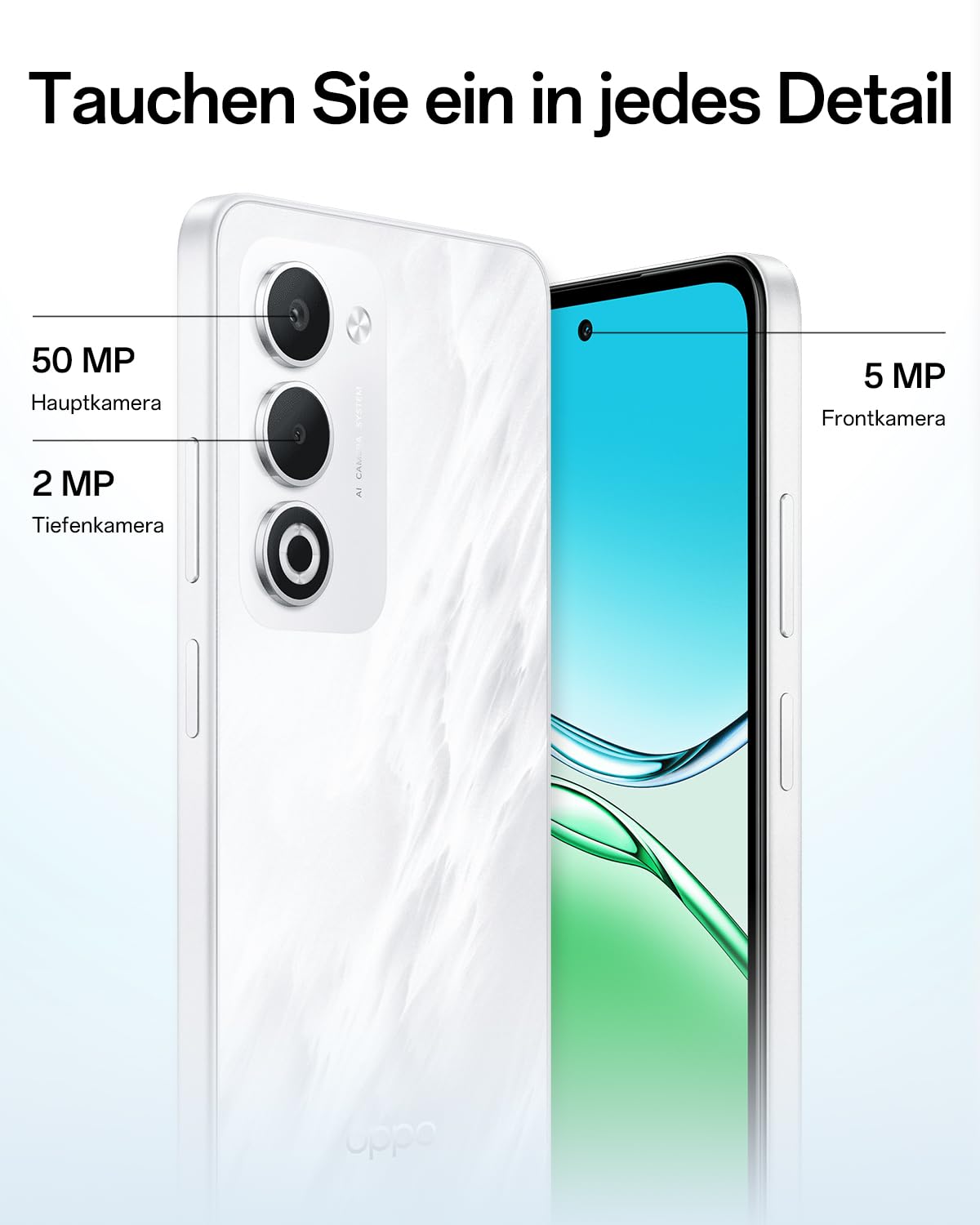 OPPO A5 4G 6GB+128GB, Entsperrtes Smartphone mit KI, 6,67-Zoll-Display mit 90 Hz, 50-MP-AF-Kamera, 6000-mAh-Akku, IP65-Schutz gegen Wasser und Staub, Mist White (inklusive 45-W-SUPERVOOC-Ladegerät)