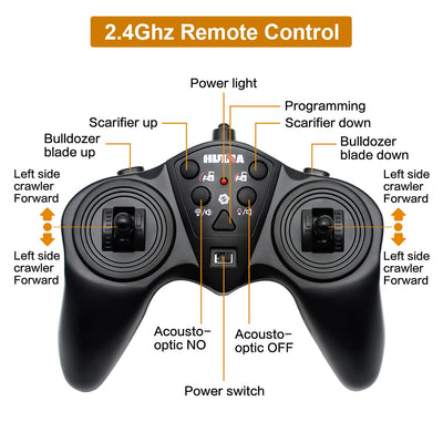fisca RC Bulldozer, Ferngesteuerter 1/16 Voll Funktionsfähiges Baufahrzeug Ferngesteuerter Schwerer Bulldozer, 2.4 GHz 11-Kanal-Dozer-Frontlader-Spielzeug mit Licht und Sound für Kinder
