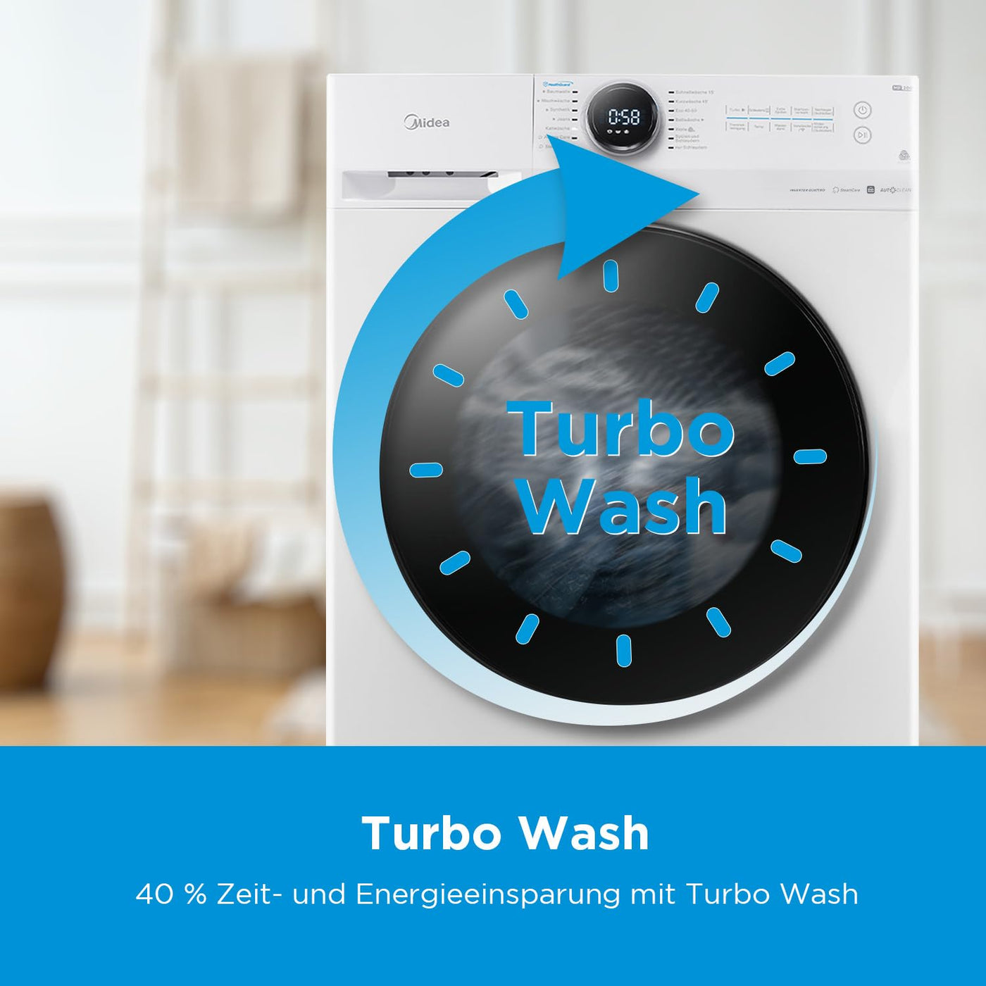 Midea MF200W80WB-14AS Waschmaschine/8KG /Energieeffizienzklasse A/Mengenautomatik/Steam Care/Nachlegefunktion / 1400 U/min/Zeitsparen - Turbo Wash/nur 48 cm tief/APP-Steuerung, AquaStop, Weiß