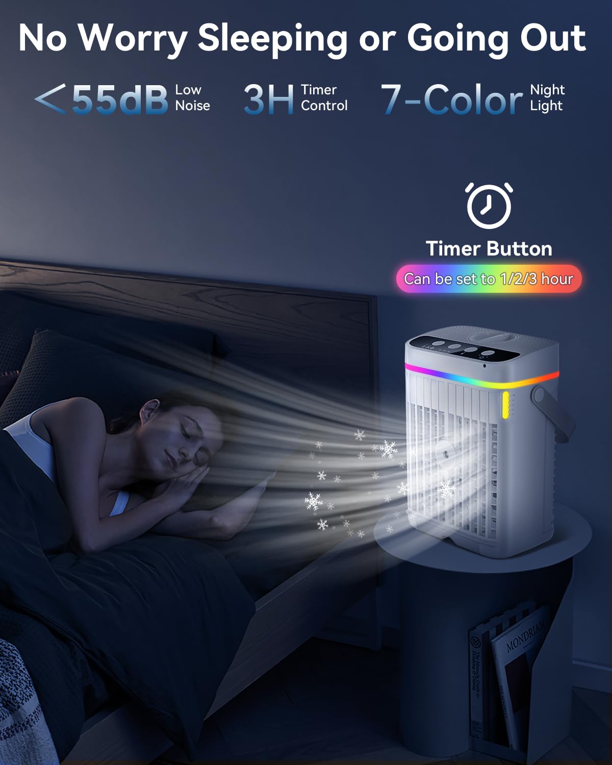 Mobile Klimaanlage, 1250ml Mini Klimaanlage, USB 4 in 1 Tragbare Mobile Klimagerät mit 1/2/3 H Timer, 3 Geschwindigkeiten & 3 Nebelmodi, 7 Farben Mini Luftkühler für Hause, Büro