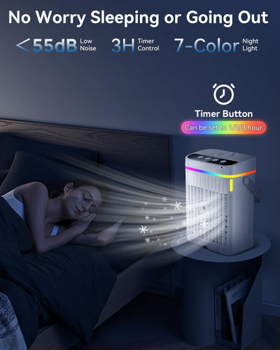 Mobile Klimaanlage, 1250ml Mini Klimaanlage, USB 4 in 1 Tragbare Mobile Klimagerät mit 1/2/3 H Timer, 3 Geschwindigkeiten & 3 Nebelmodi, 7 Farben Mini Luftkühler für Hause, Büro