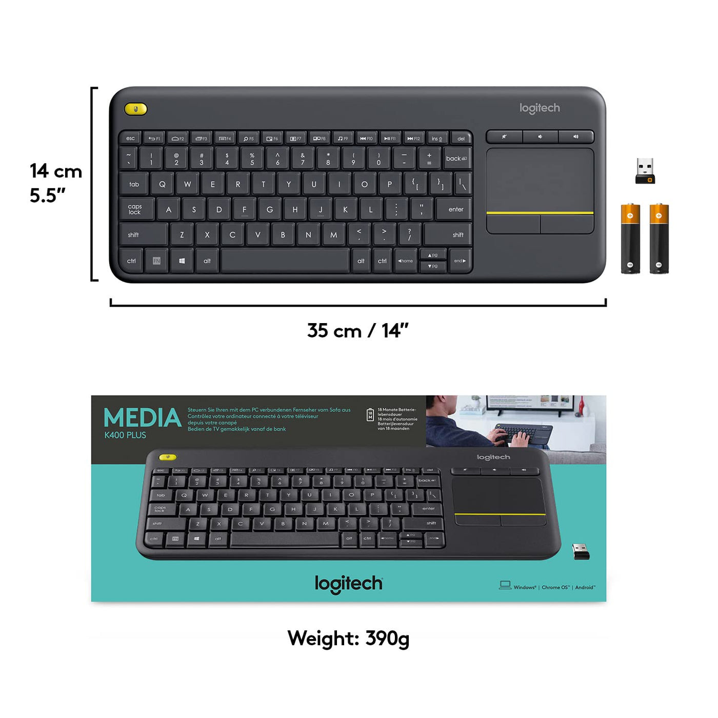 Logitech K400 Plus Tastatur RF Wireless QWERTY Schwarz - Tastaturen (Mini, Kabellos, RF Wireless, QWERTY, Schwarz)