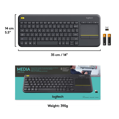 Logitech K400 Plus Tastatur RF Wireless QWERTY Schwarz - Tastaturen (Mini, Kabellos, RF Wireless, QWERTY, Schwarz)