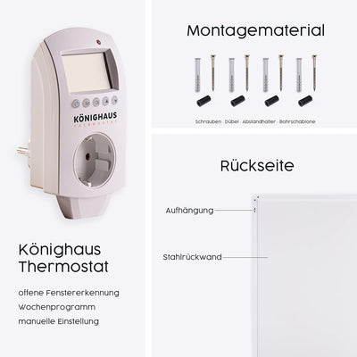 Könighaus Infrarotheizung 1000 Watt - Eco Modell - Energiesparende Infrarot Wandheizung - TÜV SÜD - Elektroheizung mit Überhitzungsschutz - inkl. Thermostat