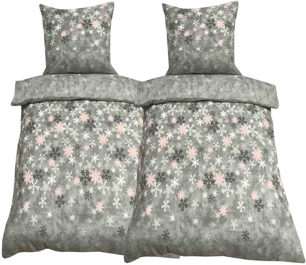 Leonado Vicenti Winter Bettwäsche 155x220 Thermofleece Flauschig Garnitur Set Bettbezug Schlafzimmer 4 teilig Schneeflocken Rosa Grau