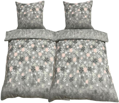 Leonado Vicenti Winter Bettwäsche 155x220 Thermofleece Flauschig Garnitur Set Bettbezug Schlafzimmer 4 teilig Schneeflocken Rosa Grau