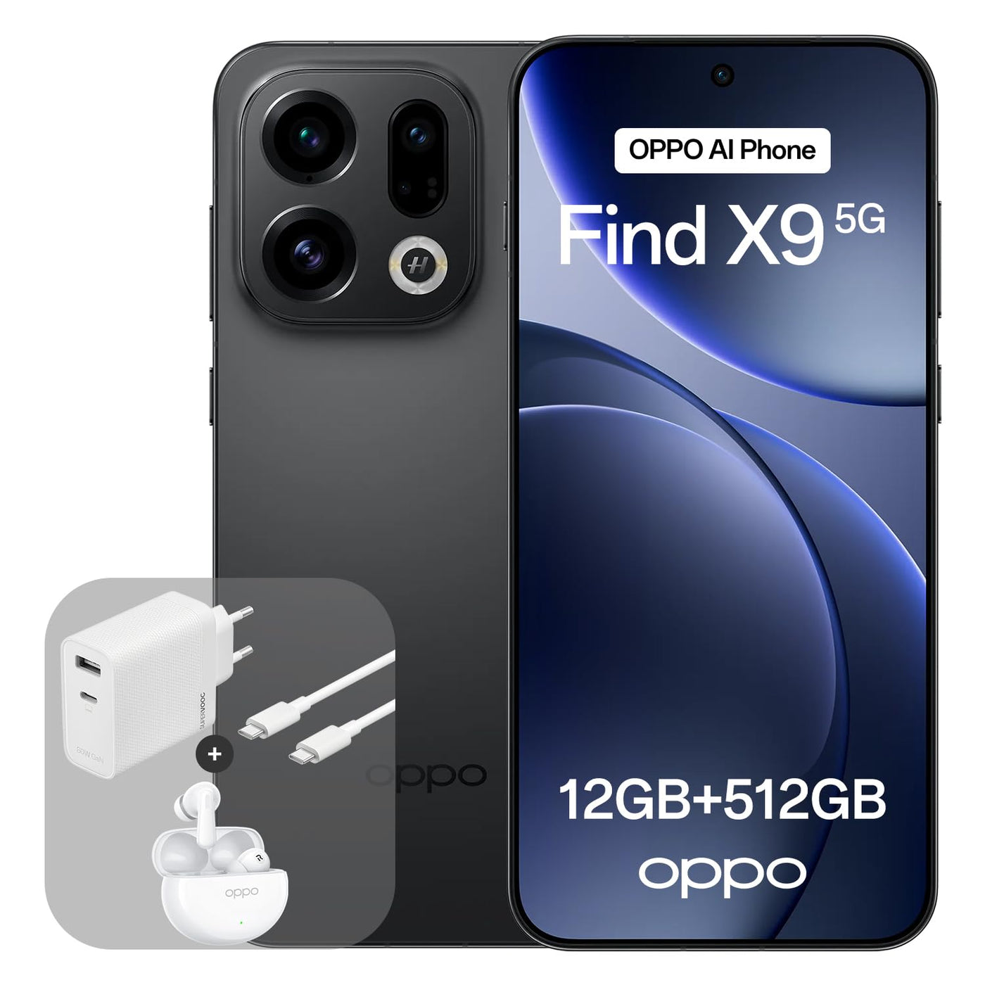 OPPO Find X9 5G 12+512GB, AI-freigeschaltetes Smartphone, 6,59" 120Hz ProXDR Display, 50MP Hasselblad-Kamera, 4K Motion, 7025 mAh Akku, IP69, Space Black (inkl. 80W SUPERVOOC Ladegerät und Enco Air4)