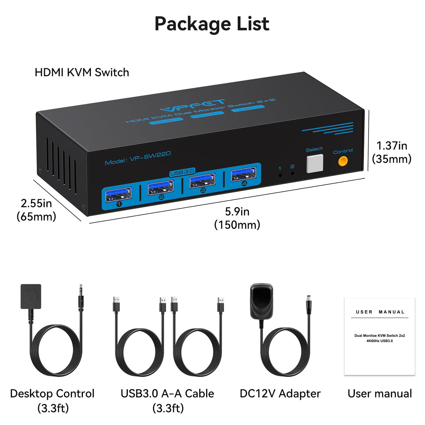 HDMI USB 3.0 KVM Switch 2 PC 2 Monitore 4K60Hz KVM-Switches für Zwei Computer teilen sich Dual Monitor und Vier Peripheriegeräte Support Extended & Copy Mode mit Desktop-Controller und 2xUSB-Kabeln