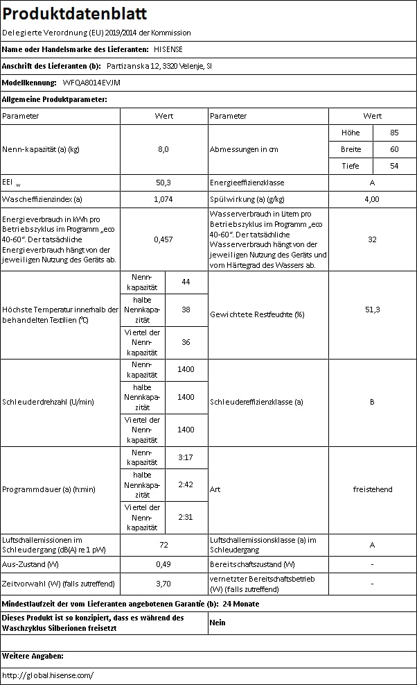 Hisense WFQA8014EVJM Waschmaschine mit Dampffunktion/ 8 kg/AquaStop/ 1400 U/min /15 Programme/Inverter PowerDrive Motor/Edelstahltrommel/Kindersicherung/Trommelreinigung/Weiß