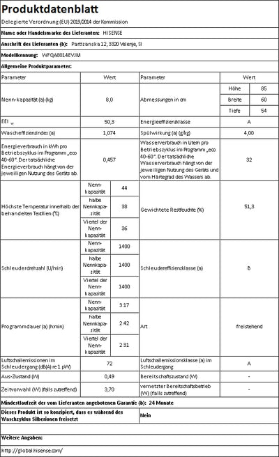 Hisense WFQA8014EVJM Waschmaschine mit Dampffunktion/ 8 kg/AquaStop/ 1400 U/min /15 Programme/Inverter PowerDrive Motor/Edelstahltrommel/Kindersicherung/Trommelreinigung/Weiß