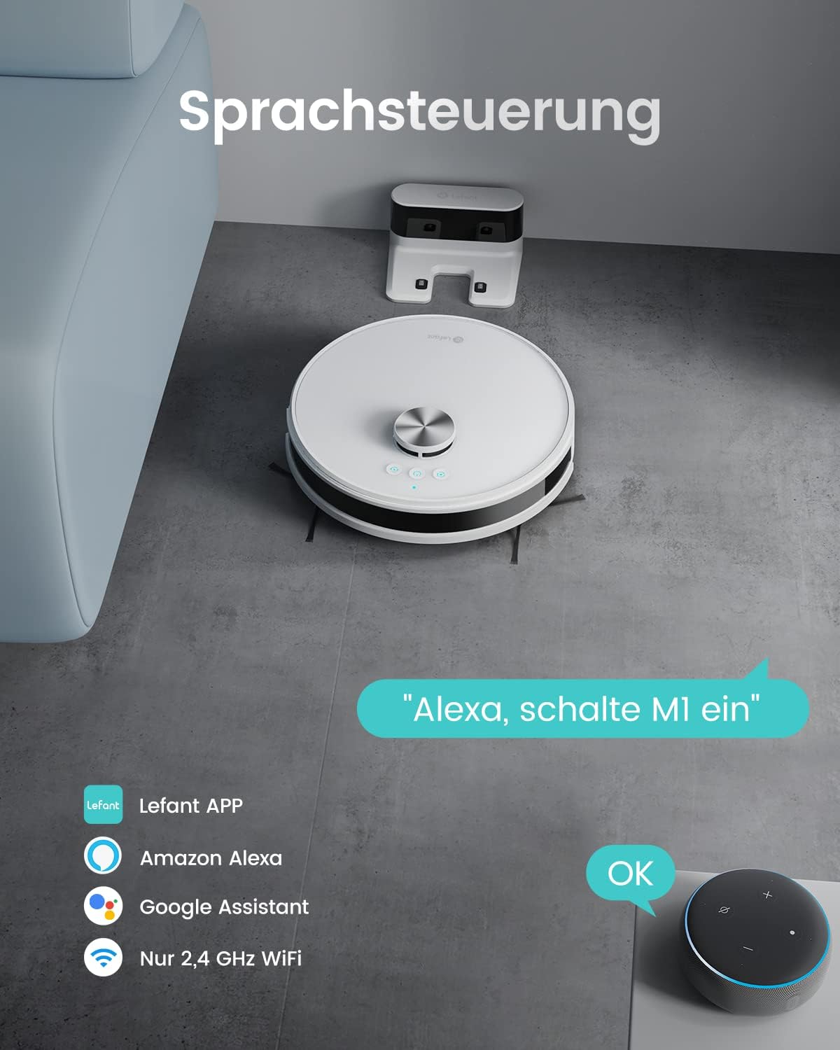 LEFANT M1 Saugroboter mit Wischfunktion, LiDAR Navigation, 4000Pa Staubsauger Roboter, 200Mins Max, Selbstaufladend, WLAN, 8 mit No-Go-Zonen, Ideal Tierhaare, Teppich, Hartboden