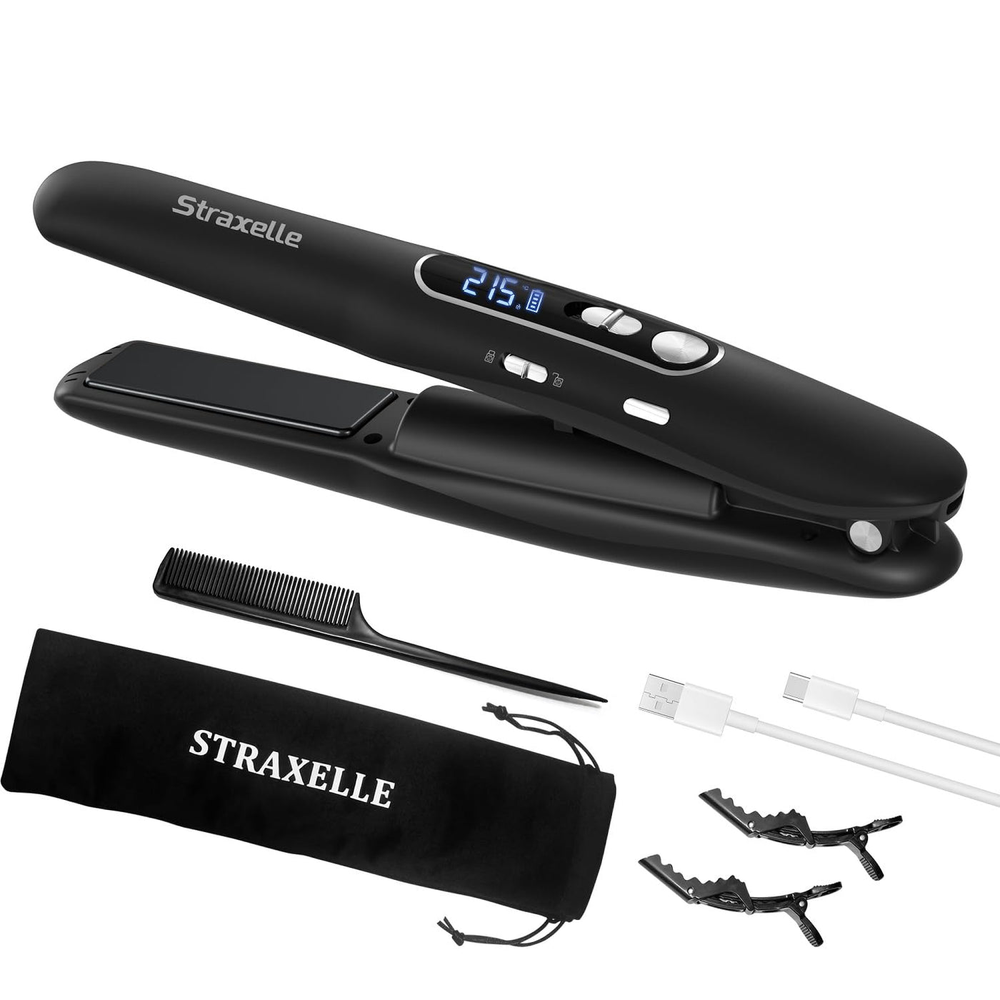Straxelle Mini Glätteisen Kabellos 2 in 1 Glätteisen Locken und Glätten mit 5000mAh ReiseGlätteisen 3 Einstellbare Temperaturen 175°C-215°C mit LED-Anzeige für Frauen Männer (Schwarz)