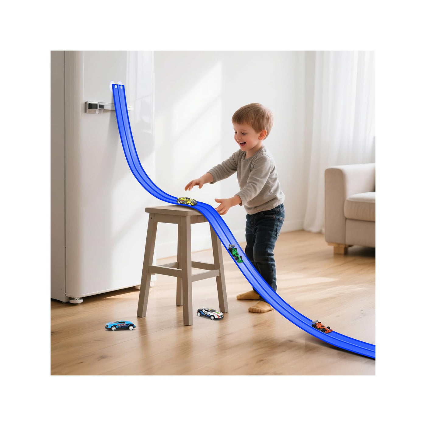 Autorennbahn 5M Inklusive 4 Autos: KETIEE Flexible Rennstrecke Auto Rennbahn Spielzeug Autobahn Kinder Rollt Auf Tragbare Dual Rennstrecke Rampen für 1/64th Autos für Alter 3+, Blau