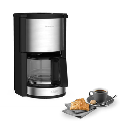 Krups KM3210 Pro Aroma Plus Filterkaffeemaschine | 10 Tassen | 1,25 L | 30-Minuten-Warmhaltefunktion | sichtbares Wasserstands Fenster | Tropfstopp-System | Schwarz mit Edelstahlapplikationen