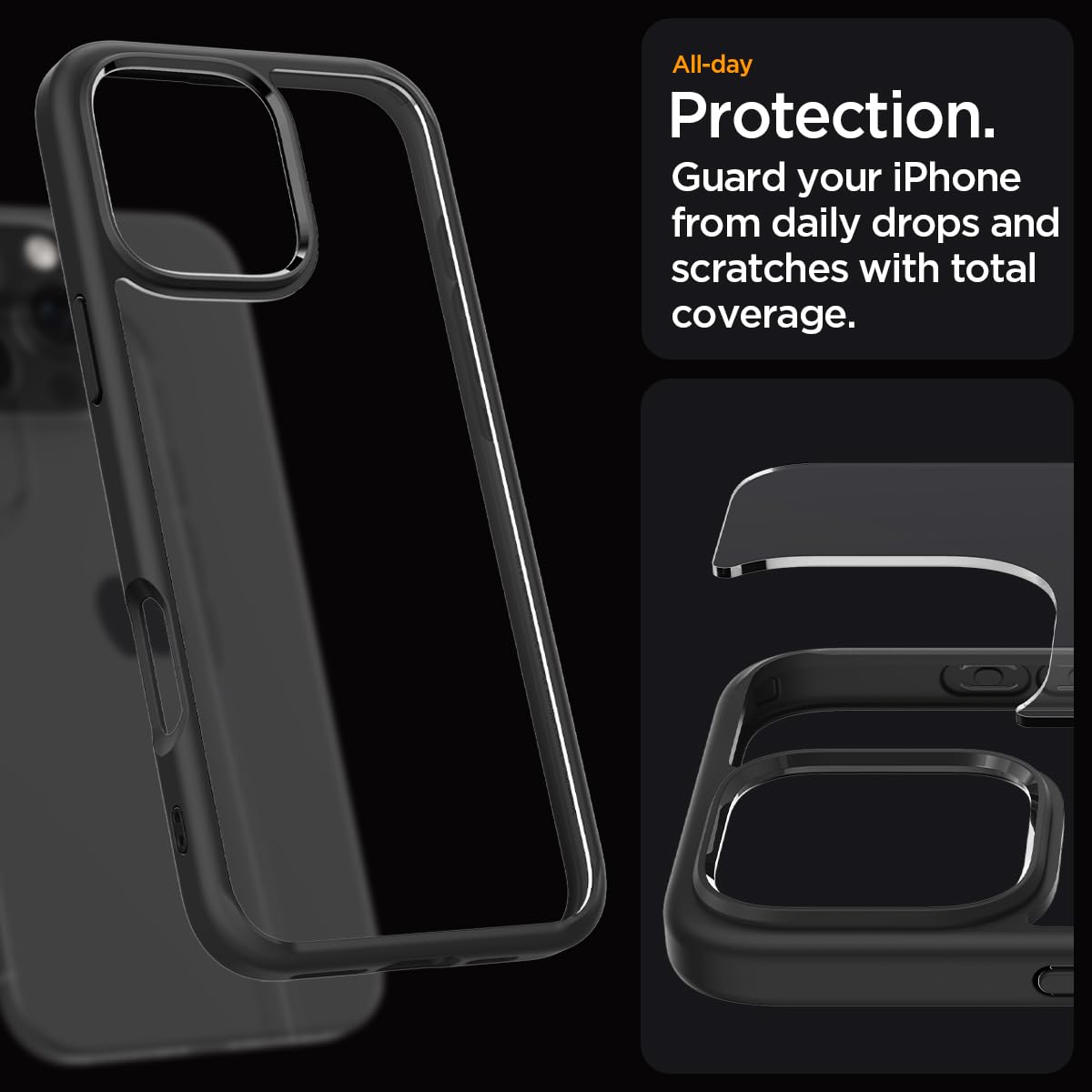 Spigen für iPhone 16 Pro Hülle [Anti-Yellowing] Ultra Hybrid Case Handyhülle Schutzhülle Cover Transparent Durchsichtig Dünn Slim -Matte Black