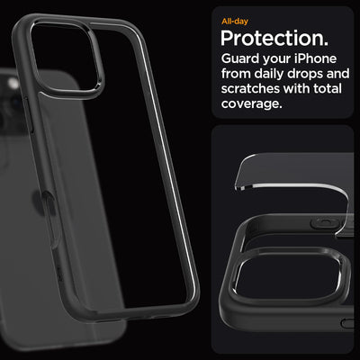 Spigen für iPhone 16 Pro Hülle [Anti-Yellowing] Ultra Hybrid Case Handyhülle Schutzhülle Cover Transparent Durchsichtig Dünn Slim -Matte Black