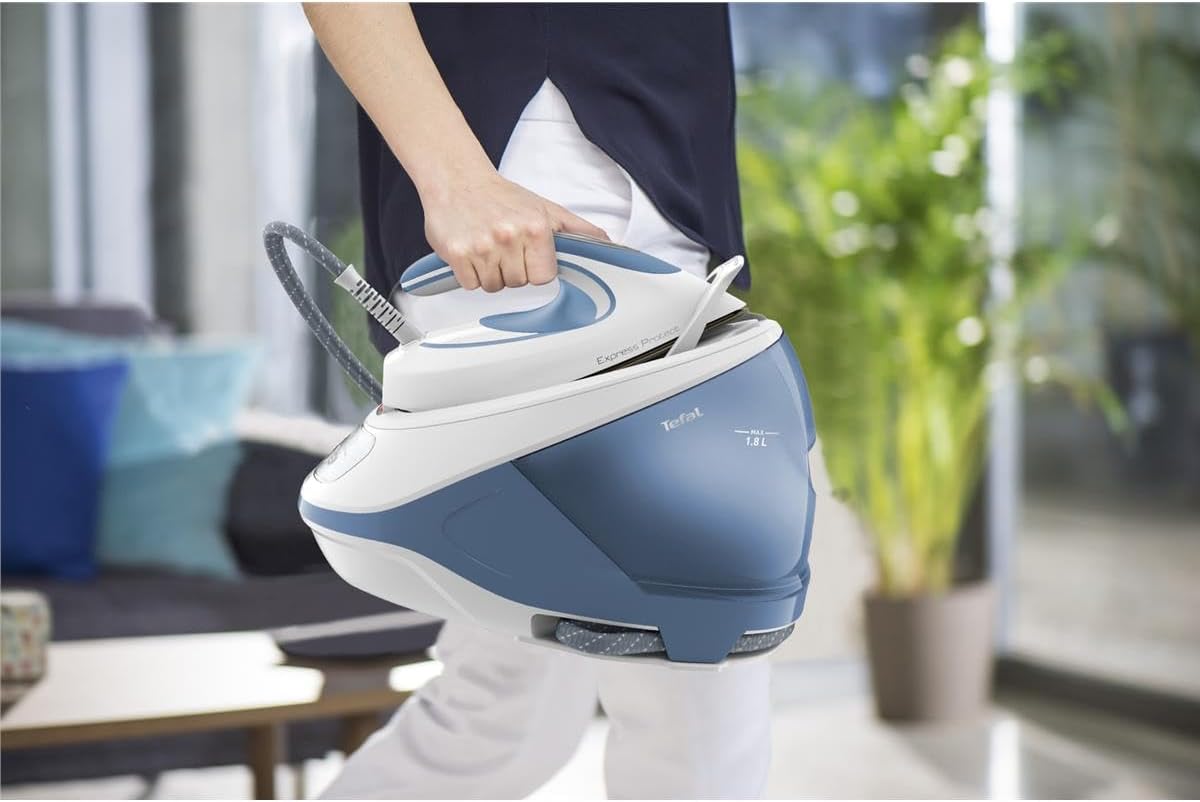 Tefal Dampfbügelstation Express Protect SV9202|7,5 bar|Dampfstoß:520 g/Min.|Dauerdampfmenge:130 g/Min.|Anti-Kalk-Kollektor|Durilium AirGlide Autoclean-Bügelsohle|2600w|1.8L|39.8x24.3x29.4cm|Weiß/Blau