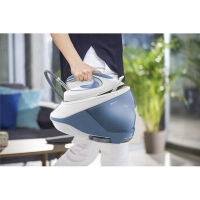Tefal Dampfbügelstation Express Protect SV9202|7,5 bar|Dampfstoß:520 g/Min.|Dauerdampfmenge:130 g/Min.|Anti-Kalk-Kollektor|Durilium AirGlide Autoclean-Bügelsohle|2600w|1.8L|39.8x24.3x29.4cm|Weiß/Blau