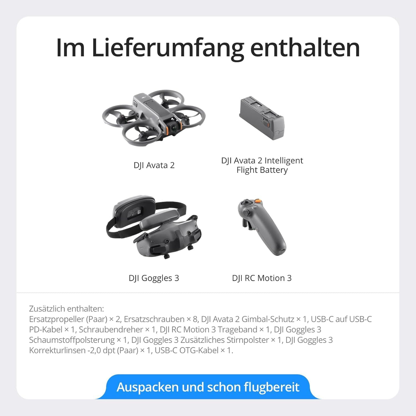 DJI Avata 2 Fly More Combo (1 Akku), FPV Drohne mit Kamera 4K, mit Propellerschutz, Flips/Rollen auf Tastendruck, POV Content Kamera-Drohne, inkl. Goggles 3 und RC Motion 3