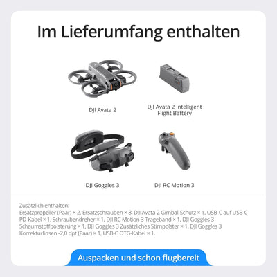 DJI Avata 2 Fly More Combo (1 Akku), FPV Drohne mit Kamera 4K, mit Propellerschutz, Flips/Rollen auf Tastendruck, POV Content Kamera-Drohne, inkl. Goggles 3 und RC Motion 3