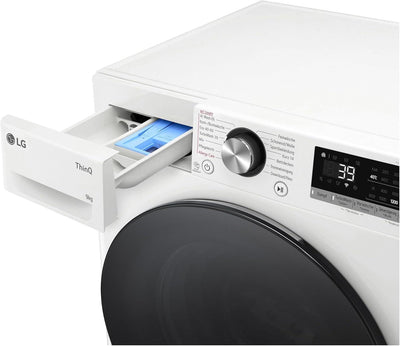LG F2V7SLIM9, Klasse A, Waschmaschine Slim 9 kg, 60x47.5x85 cm, Wi-Fi, AI Direct Drive, Tiefenreinigung mit Dampf, TurboWash 360°, Außentür aus Gehärtetem Glas, Weiß mit Schwarzem Bullaugenring