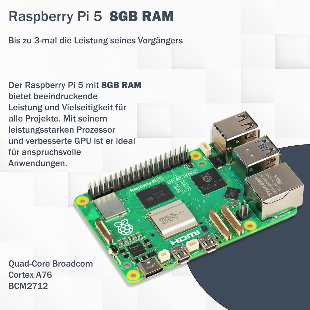 Raspberry Pi 5 8GB PCIe M.2 NVMe - Kit | Metallgehäuse | Active Cooler | M.2 NVMe SSD PCIe Board | USB-C 27W Netzteil | 64GB SD Karte | 4K Micro HDMI Kabel