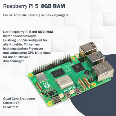 Raspberry Pi 5 8GB PCIe M.2 NVMe - Kit | Metallgehäuse | Active Cooler | M.2 NVMe SSD PCIe Board | USB-C 27W Netzteil | 64GB SD Karte | 4K Micro HDMI Kabel