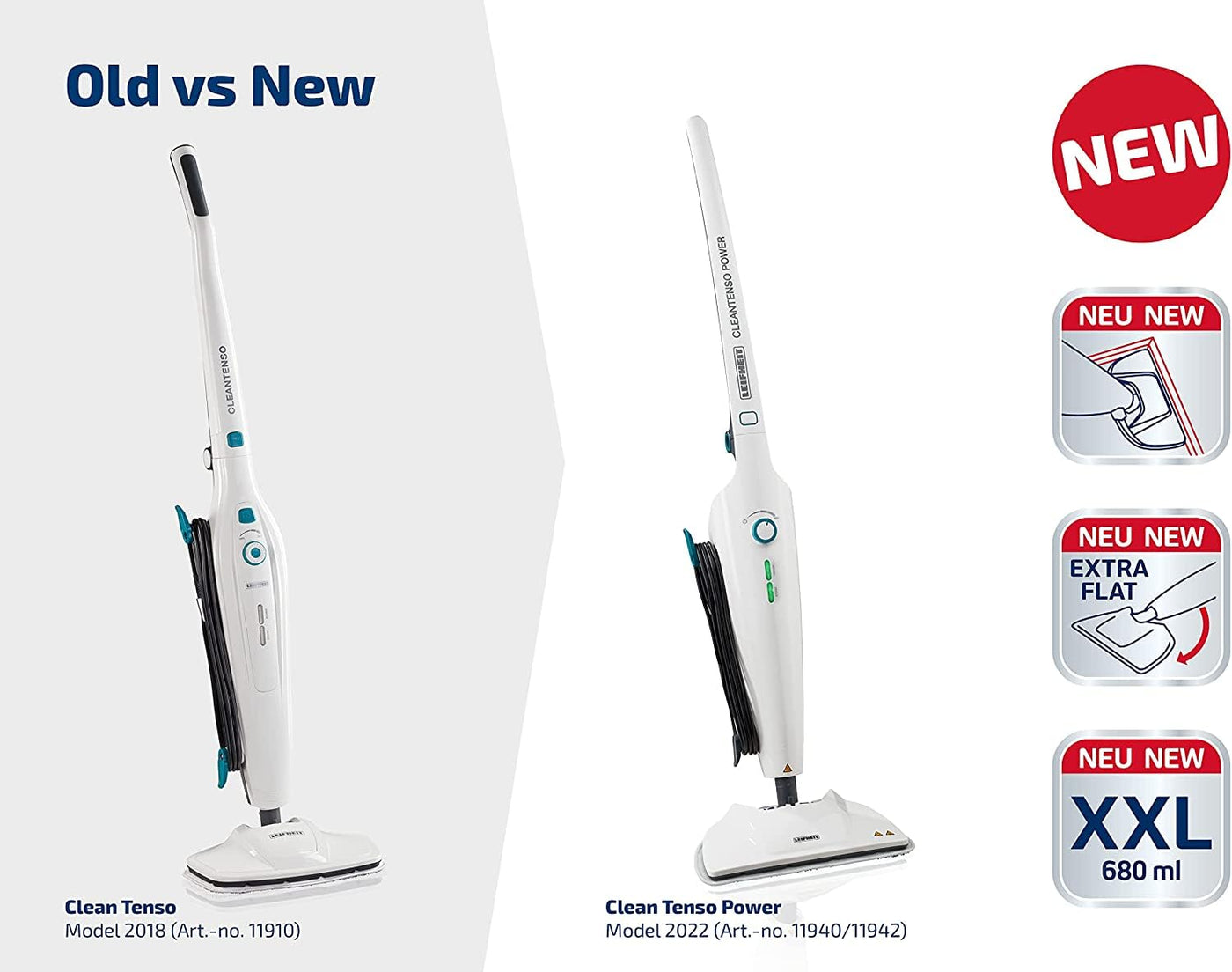 Leifheit Dampfreiniger CleanTenso Power 2.0 mit heißem Wasserdampf gegen Bakterien, Dampfmop mit kurzer Aufheizzeit und 50min Wischdauer, Dampfbesen für Eckenreinigung, Dampfwischer in modernem Design