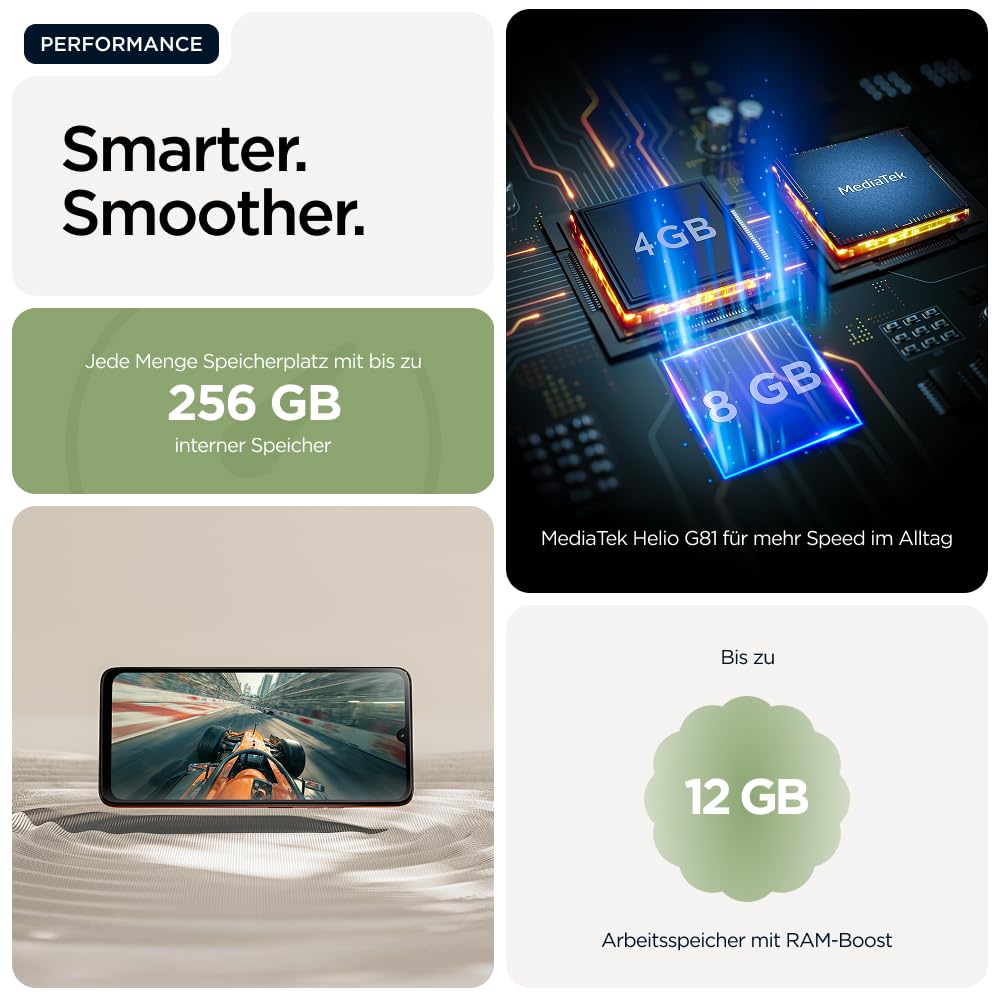 Motorola Moto g06 Smartphone (Kratzfestes 6,88"-HD+-Display Dank Corning Gorilla Glass 3, wasserabweisend, 50-MP-Kamera, 4/256 GB, 5100 mAh, TurboPower-Aufladen) Pantone Tendril, inkl. Schutzcover